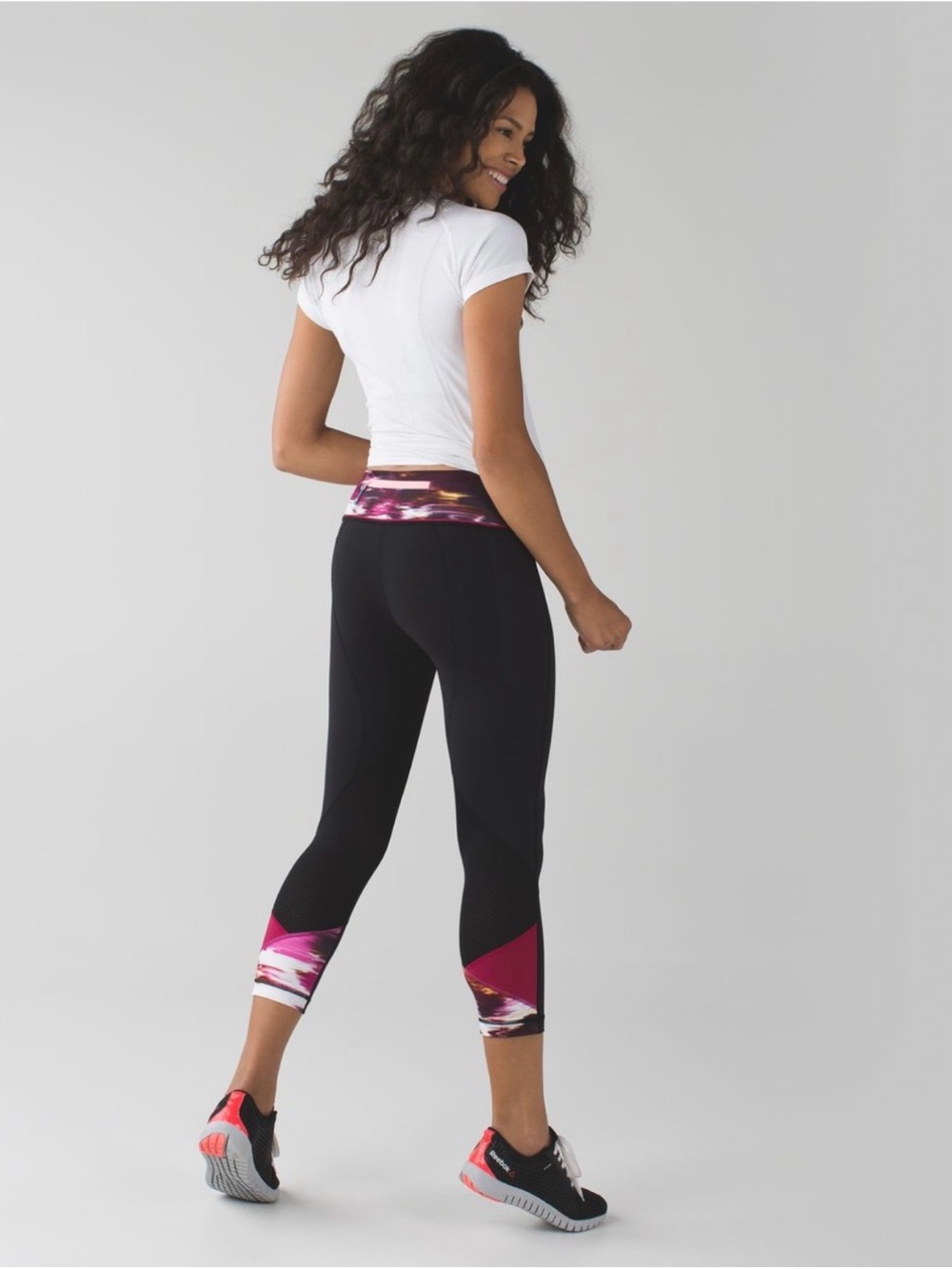 lululemon athletica Black Capri Leggings with Pink Patterned Waistband
